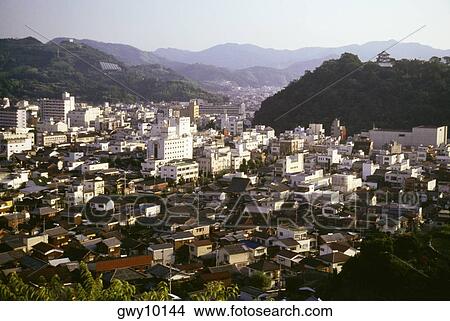 High angle view of a city, Uwajima City, Shikoku, Japan View Large Photo Image Picture - High angle view of a city, Uwajima City, Shikoku, Japan. Fotosearch