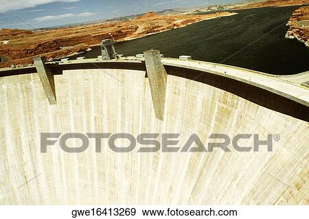 Stock Photo - High angle view of a dam, Glen Canyon Dam, Arizona, Utah, USA. Fotosearch