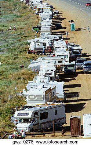 Stock Photograph - High angle view of land vehicles along a road, Oregon, USA. Fotosearch