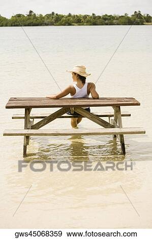 Rear view of a teenage girl sitting on a wooden bench on the beach View Large Photo Image Stock Photo - Rear view of a teenage girl sitting on a wooden bench on the beach. Fotosearch