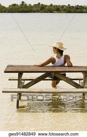 Rear view of a teenage girl sitting on a bench at a lakeside View Large Photo Image Stock Photo - Rear view of a teenage girl sitting on a bench at a lakeside. Fotosearch