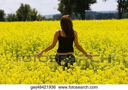 Rear view of a young woman walking in a field, Czech Republic View Large Photo Image Stock Photograph - Rear view of a young woman walking in a field, Czech Republic. Fotosearch