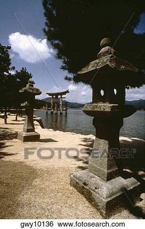 Stock Photograph - Shrine in a river, Itsukushima Shrine, Miyajima, Japan. Fotosearch