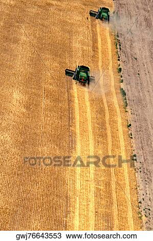 Stock Image - Aerial view of a thresher harvesting a field. Fotosearch