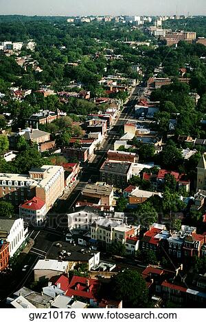Stock Photograph - Aerial view of Georgetown looking along Wisconsin Ave., Washington, DC. Fotosearch
