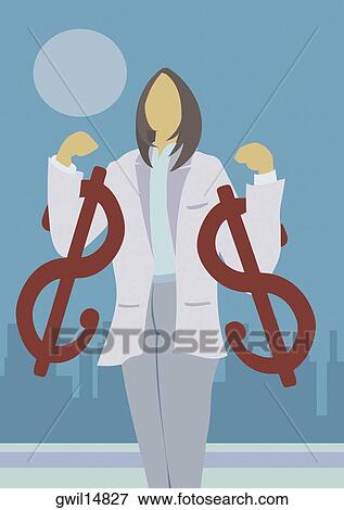 Stock Photo - Businesswoman standing with two dollar signs. Fotosearch