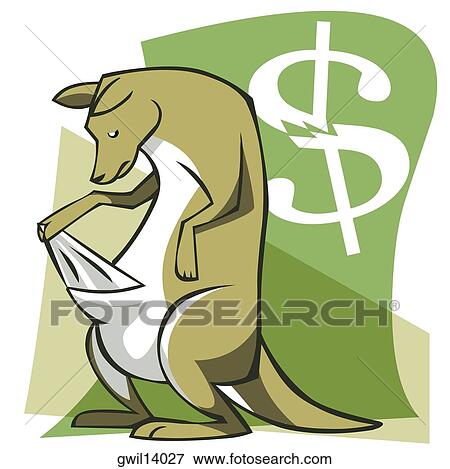 Stock Photo - Close-up of a kangaroo looking down with a dollar sign in the background. Fotosearch
