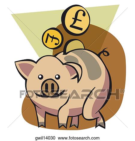Stock Image - Close-up of a piggy bank with British pound notes. Fotosearch