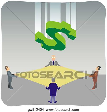 Picture - Four businessmen holding a sheet and catching a dollar sign. Fotosearch