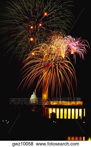 Low angle view of fire works display at night, Lincoln Memorial, Washington Monument, Washington DC, USA View Large Photo Image Stock Photo - Low angle view of fire works display at night, Lincoln Memorial, Washington Monument, Washington DC, USA. Fotosearch