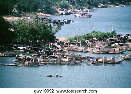 Stock Image - Perfume River boat community, Hue, Vietnam. Fotosearch