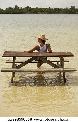 Rear view of a young woman sitting at a picnic table View Large Photo Image Stock Photo - Rear view of a young woman sitting at a picnic table. Fotosearch