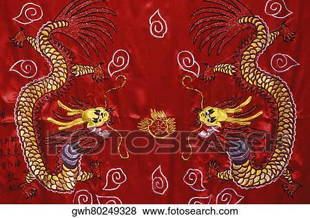 Stock Photo - Close-up of a dragon on a curtain, China. Fotosearch
