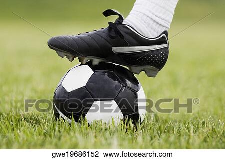 Stock Image - Close-up of a person's foot on a soccer ball. Fotosearch