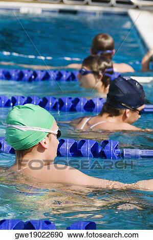 Stock Image - Four young women swimming in a swimming pool. Fotosearch