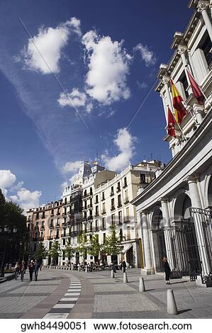 Stock Image - Low angle view of buildings on the roadside, Madrid, Spain. Fotosearch