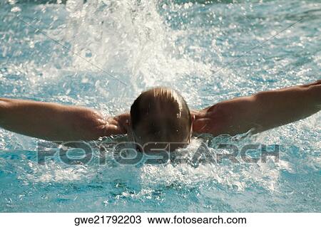 Stock Image - Mid adult man swimming in a swimming pool. Fotosearch