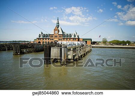 Stock Image - Pier in front of a clock tower, Ferry Building, New York City, New York State, USA. Fotosearch