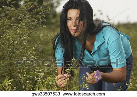 Portrait of a young woman holding a flower View Large Photo Image Stock Image - Portrait of a young woman holding a flower. Fotosearch