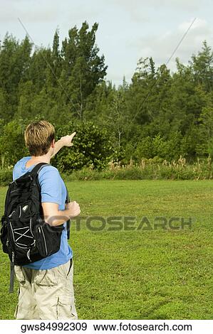 Rear view of a young man carrying a backpack and pointing forward View Large Photo Image Stock Photo - Rear view of a young man carrying a backpack and pointing forward. Fotosearch