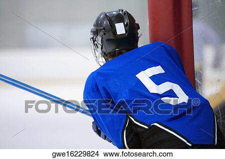 Picture - Rear view of an ice hockey player playing ice hockey. Fotosearch