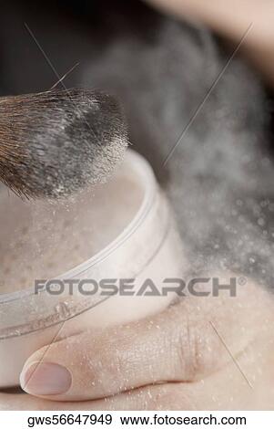 Close-up of a woman's hand holding a pot of face powder and a make-up brush View Large Photo Image Stock Photo - Close-up of a woman's hand holding a pot of face powder and a make-up brush. Fotosearch
