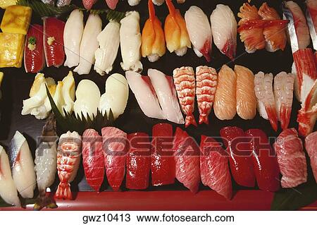Close-up of assorted sushi, Tokyo Prefecture, Japan View Large Photo Image Stock Image - Close-up of assorted sushi, Tokyo Prefecture, Japan. Fotosearch