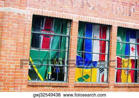 Stock Photo - Close-up of flags inside a building. Fotosearch