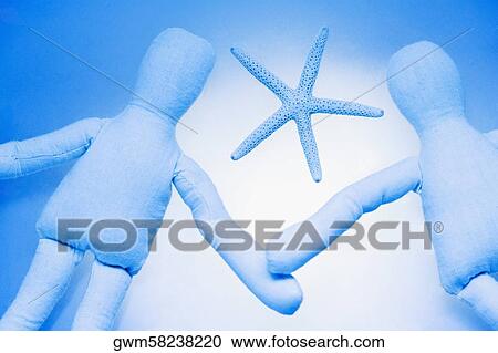Stock Image - Close-up of two stuffed toys with a starfish. Fotosearch
