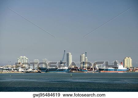 Container ships moored at a harbor, Miami, Florida, USA View Large Photo Image Stock Photo - Container ships moored at a harbor, Miami, Florida, USA. Fotosearch