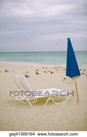 Empty lounge chair and a folded beach umbrella on the beach View Large Photo Image Picture - Empty lounge chair and a folded beach umbrella on the beach. Fotosearch