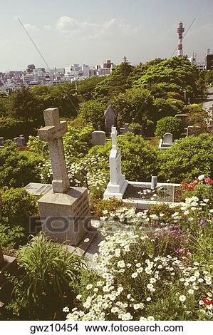 High angle view of a cemetery, Yokohama, Kanagawa Prefecture, Japan View Large Photo Image Picture - High angle view of a cemetery, Yokohama, Kanagawa Prefecture, Japan. Fotosearch
