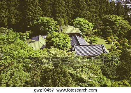 Stock Photo - High angle view of a tourist resort surrounded by trees, Hakone, Kanagawa Prefecture, Japan. Fotosearch