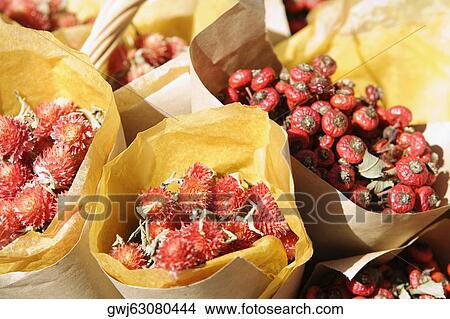 Picture - High angle view of strawberries in fruit cartons. Fotosearch
