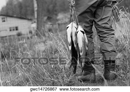Stock Photo - Low section view of a man holding fish. Fotosearch