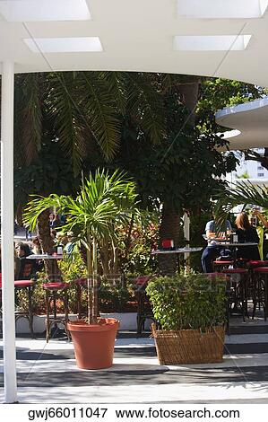 Stock Photo - Potted plants at a sidewalk cafe. Fotosearch