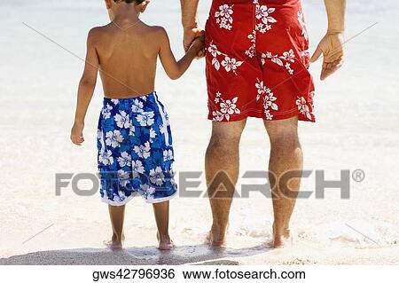Rear view of a boy holding his father's hands standing on the beach View Large Photo Image Stock Photograph - Rear view of a boy holding his father's hands standing on the beach. Fotosearch