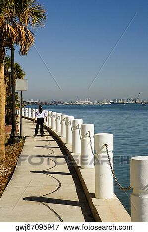 Rear view of a woman on the sidewalk along the sea, Miami, Florida, USA View Large Photo Image Stock Photo - Rear view of a woman on the sidewalk along the sea, Miami, Florida, USA. Fotosearch