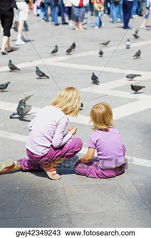 Rear view of two girls looking at pigeons, Venice, Veneto, Italy View Large Photo Image Stock Image - Rear view of two girls looking at pigeons, Venice, Veneto, Italy. Fotosearch