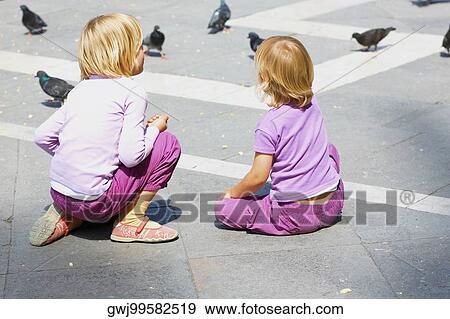 Rear view of two girls looking at pigeons, Venice, Veneto, Italy View Large Photo Image Stock Photo - Rear view of two girls looking at pigeons, Venice, Veneto, Italy. Fotosearch