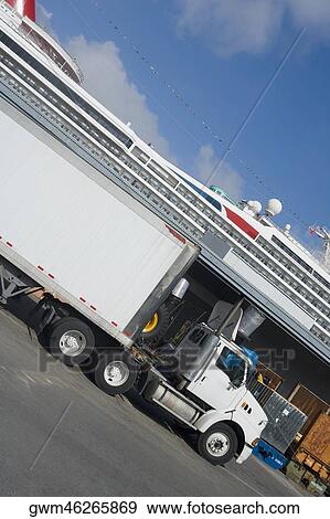Stock Photo - Semi-truck at a shipping port. Fotosearch