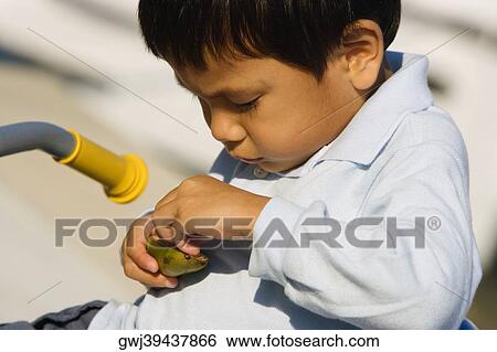 Side profile of a boy holding a fruit View Large Photo Image Stock Photograph - Side profile of a boy holding a fruit. Fotosearch