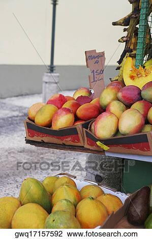 Close-up of fruits at a market stall View Large Photo Image Stock Image - Close-up of fruits at a market stall. Fotosearch