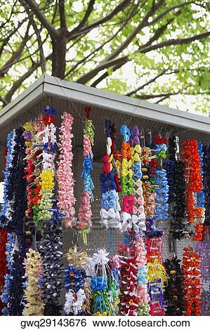 Stock Photograph - Close-up of multi-colored hair bows at a market stall, Rio Piedras, San Juan, Puerto Rico. Fotosearch