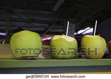 Drinking straws in green coconuts View Large Photo Image Picture - Drinking straws in green coconuts. Fotosearch