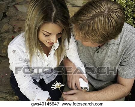 High angle view of a mid adult man giving a flower to a young woman View Large Photo Image Stock Photo - High angle view of a mid adult man giving a flower to a young woman. Fotosearch