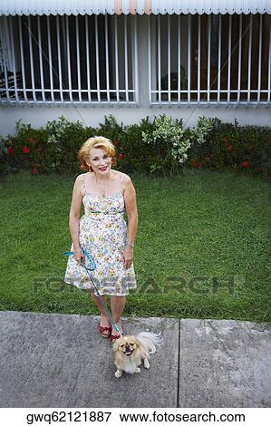 High angle view of a senior woman holding a dog with a leash View Large Photo Image Stock Photo - High angle view of a senior woman holding a dog with a leash. Fotosearch