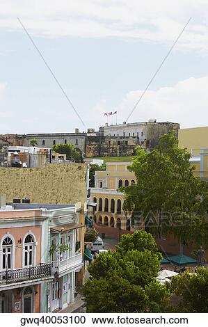 Stock Image - High angle view of buildings in a city, Old San Juan, San Juan, Puerto Rico. Fotosearch