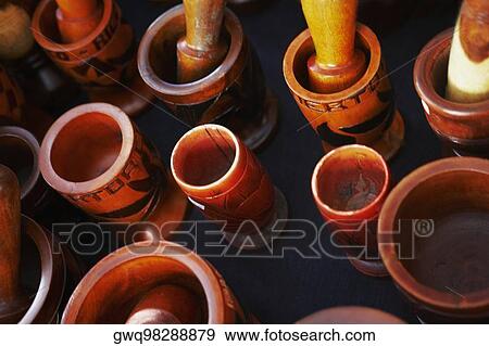 High angle view of mortars and pestles View Large Photo Image Stock Photo - High angle view of mortars and pestles. Fotosearch