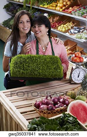 Portrait of a mature woman and her daughter standing with a tray of wheatgrass in a grocery store and smiling View Large Photo Image Stock Image - Portrait of a mature woman and her daughter standing with a tray of wheatgrass in a grocery store and smiling. Fotosearch
